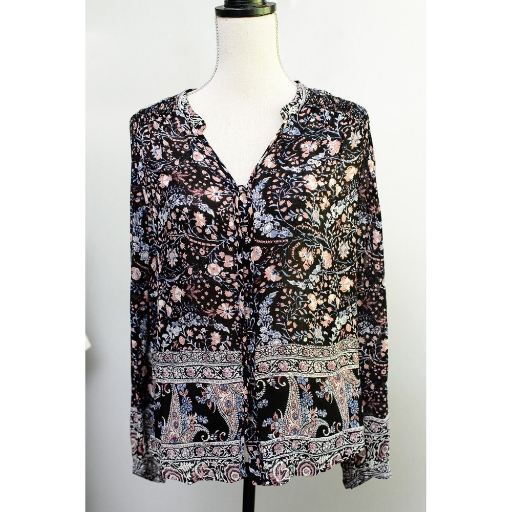 Lucky Brand Top M boho floral M button down blouse cottage dark